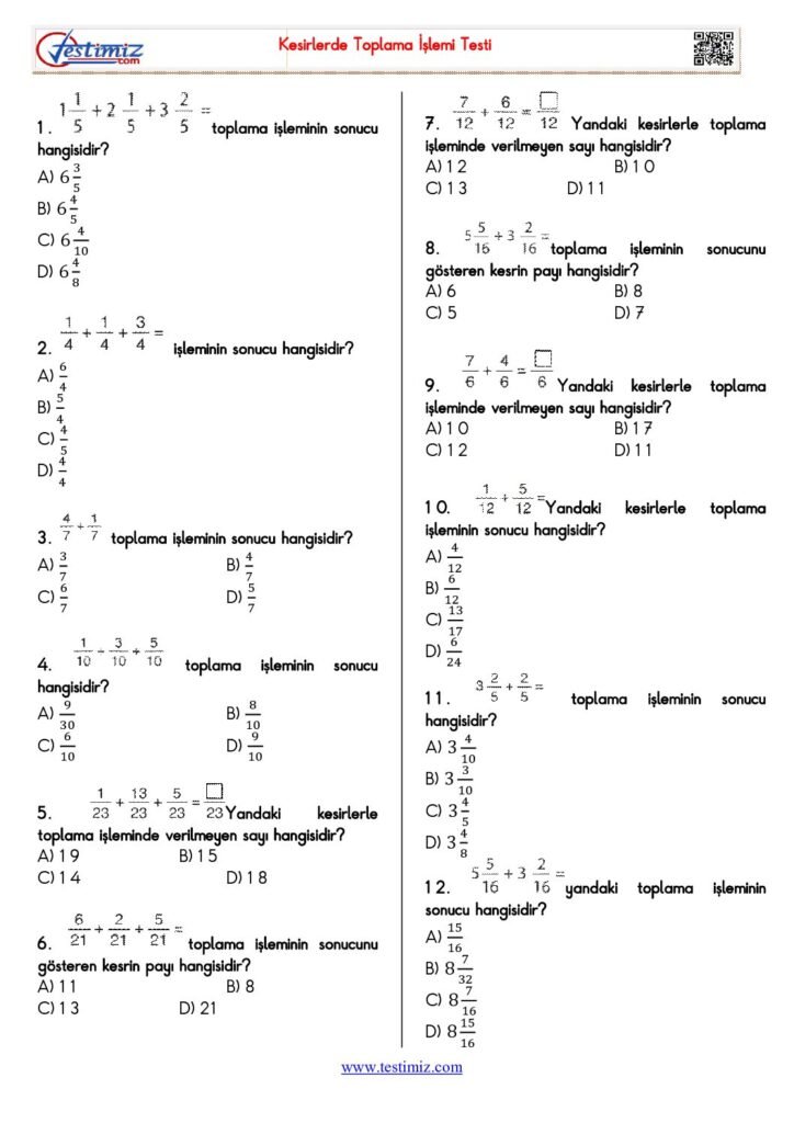 4. Sınıf Kesirlerde Toplama İşlemi Testi PDF