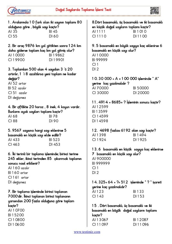 5. Sınıf Matematik Doğal Sayılarda Toplama İşlemi Testi PDF