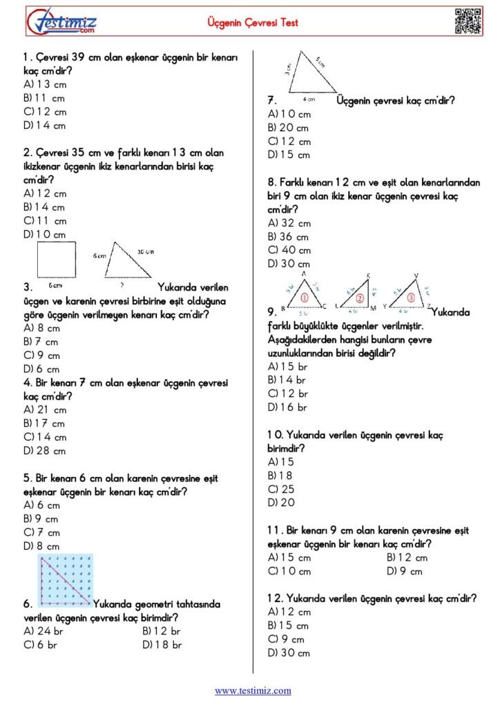 4. Sınıf Üçgenin Çevresi Testi PDF