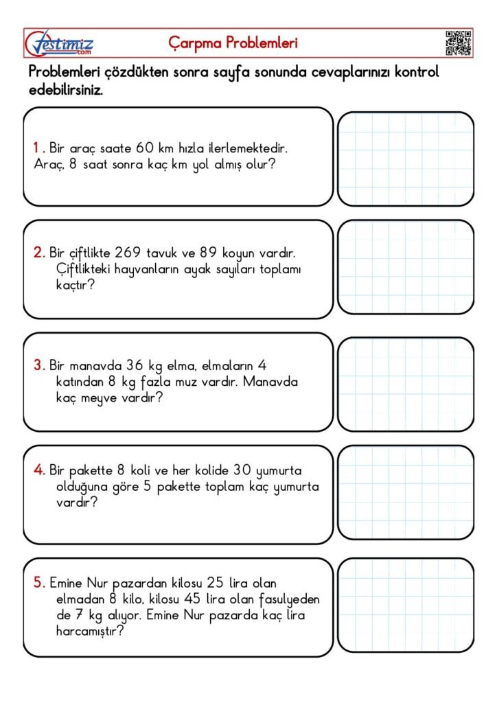 4. Sınıf Çarpma İşlemi Problemleri Çalışması PDF