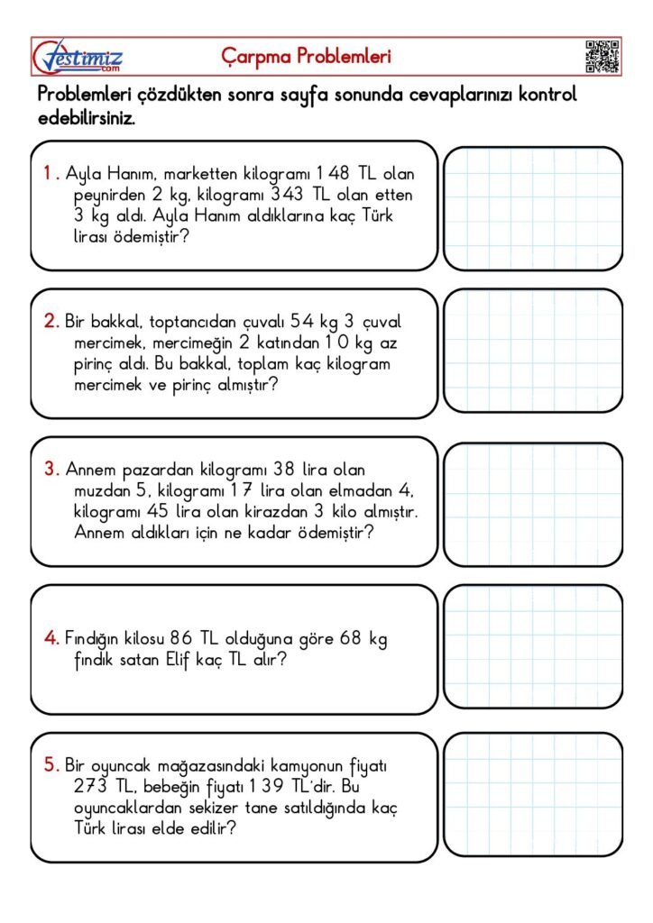 4. Sınıf Çarpma Problemleri Çalışması PDF