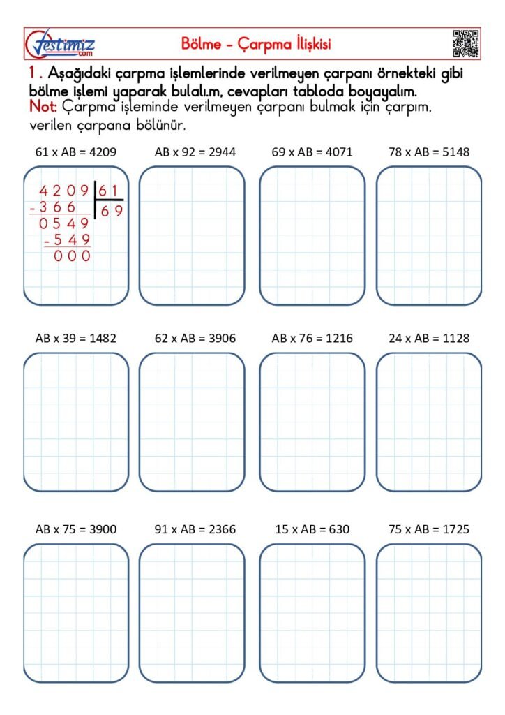 4. Sınıf Bölme Çarpma İlişkisi Çalışması PDF