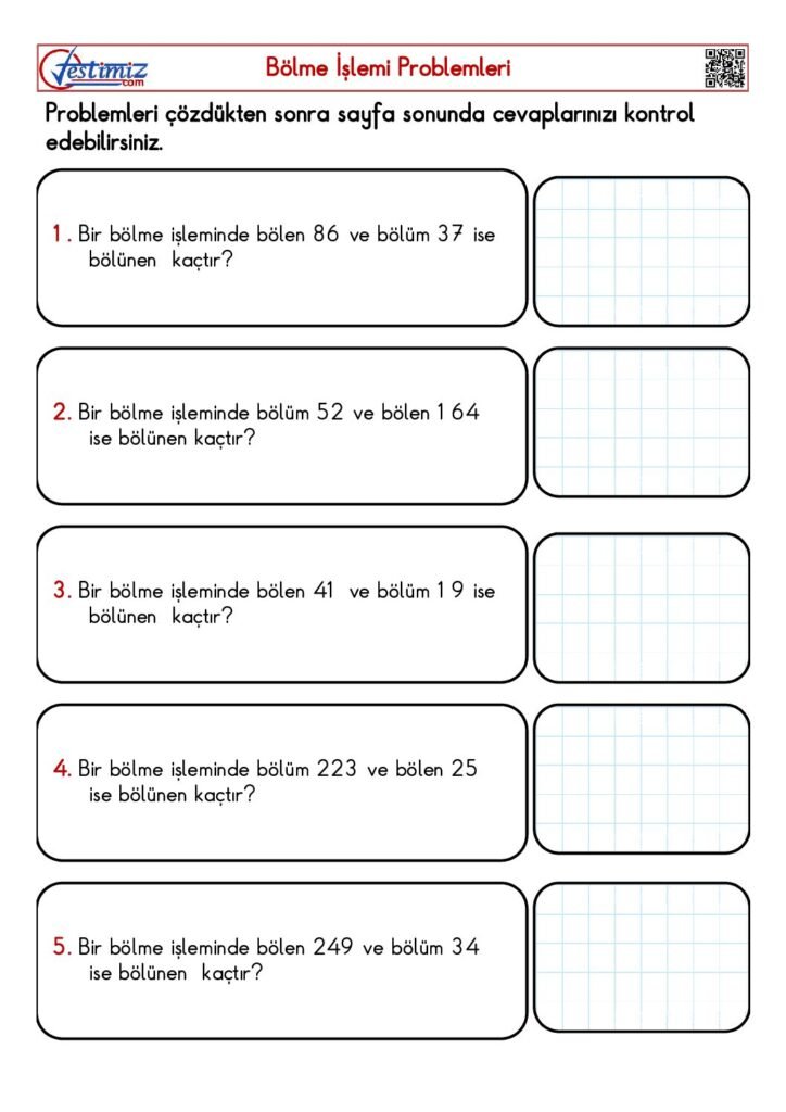 4. Sınıf Bölme İşlemi Problemleri Çalışması PDF