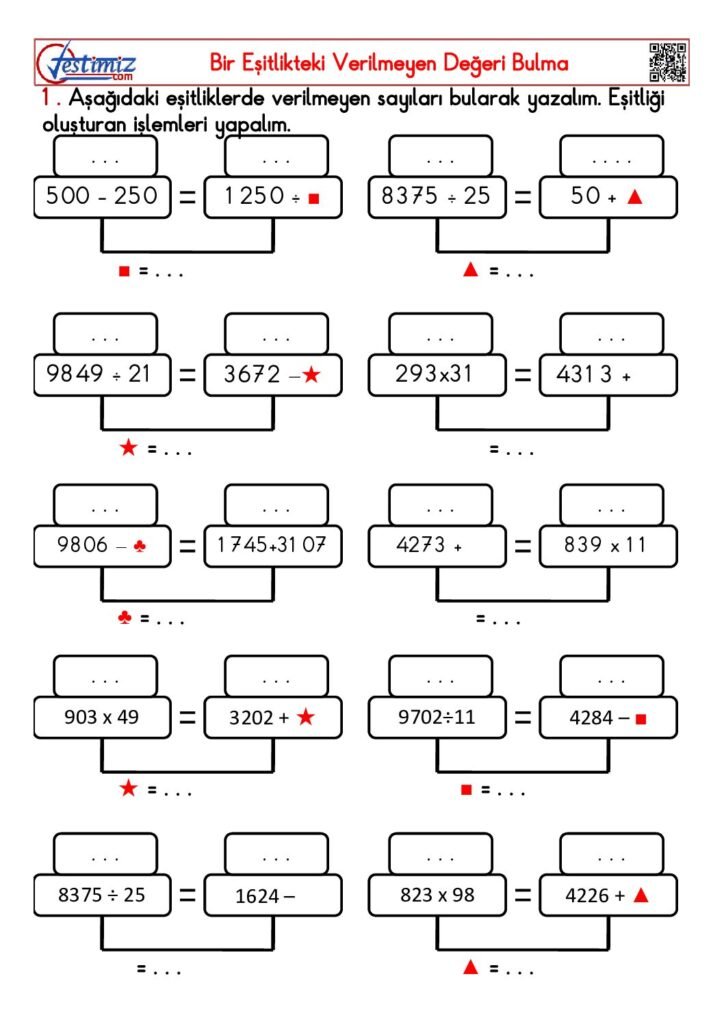 4. Sınıf Eşitliklerde Verilmeyen Terimi Bulma Çalışması PDF