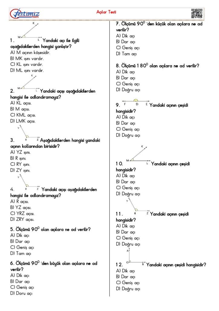 4. Sınıf Açı ve Açı Çeşitleri Testi PDF