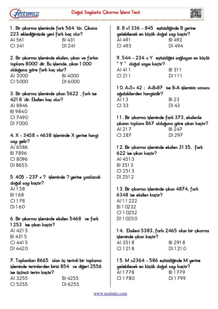 5. Sınıf Matematik Doğal Sayılarda Çıkarma İşlemi Testi PDF