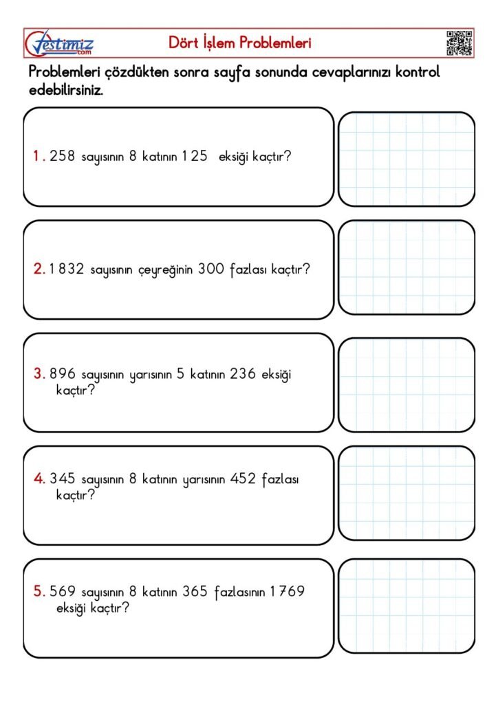 4. Sınıf Dört İşlem Problemleri Çalışması PDF