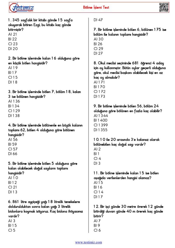 4. Sınıf Bölme İşlemi Testi PDF