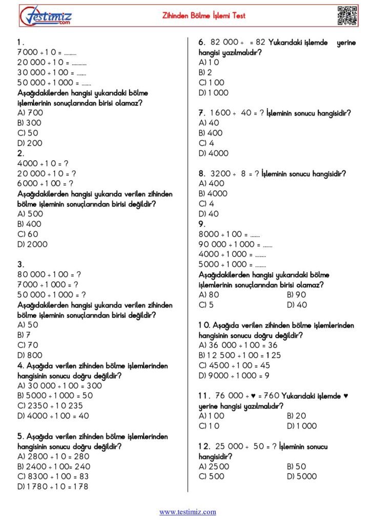 4. Sınıf Zihinden Bölme İşlemi Testi PDF