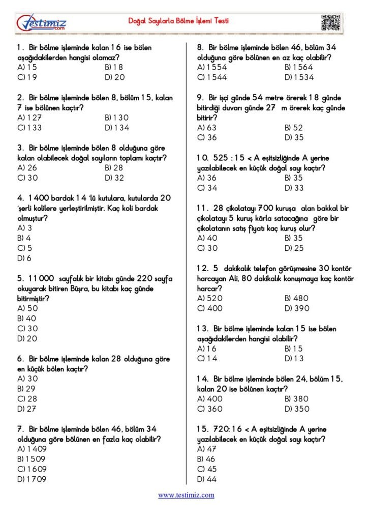 5. Sınıf Bölme İşlemi Test PDF