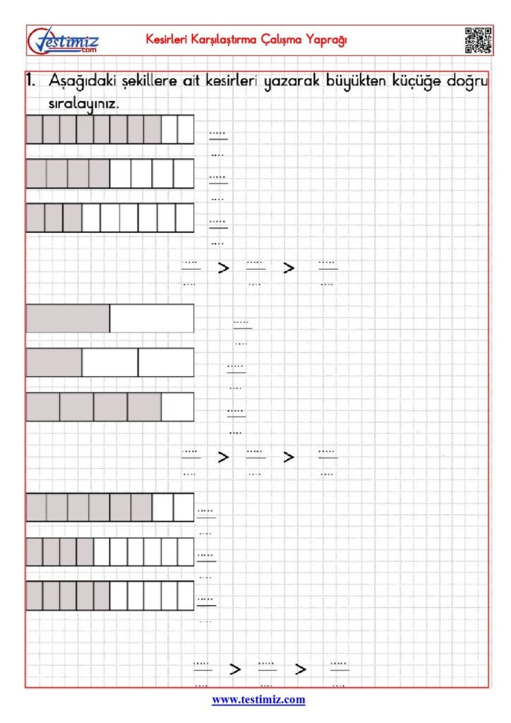 4. Sınıf Kesirleri Karşılaştırma Çalışma Yaprağı PDF