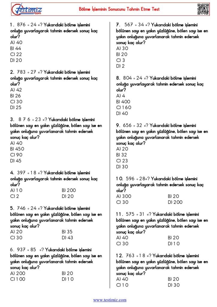 4. Sınıf Bölme İşleminin Sonucunu Tahmin Etme Testi PDF