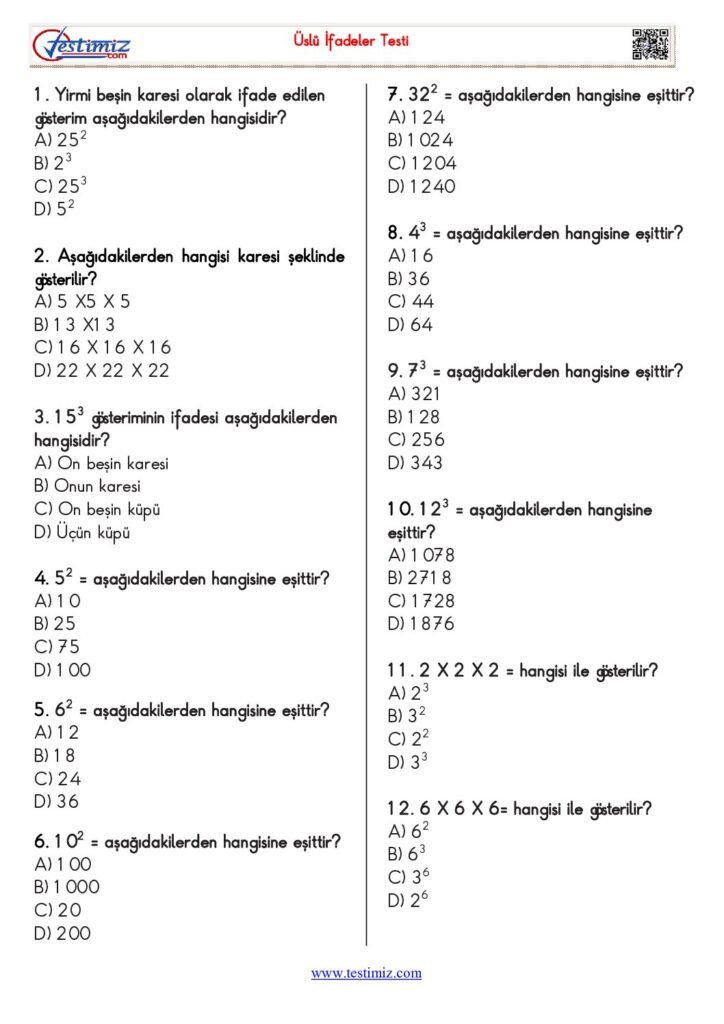 5. Sınıf Matematik Üslü Sayılar Testi PDF