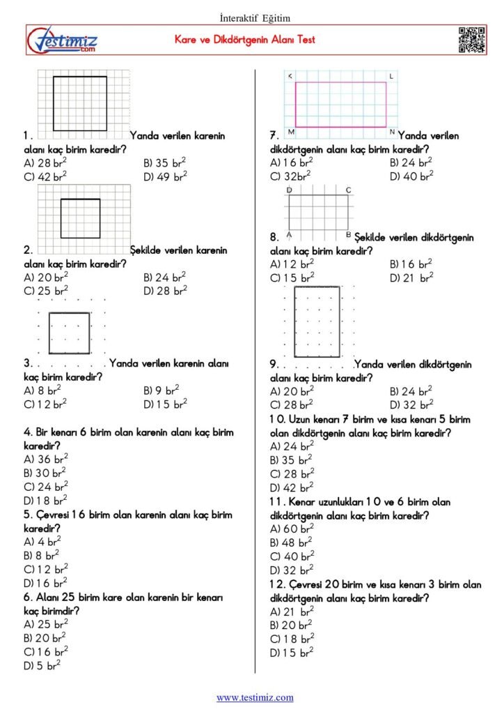 4. Sınıf Kare ve Dikdörtgenin Alanı Testi PDF