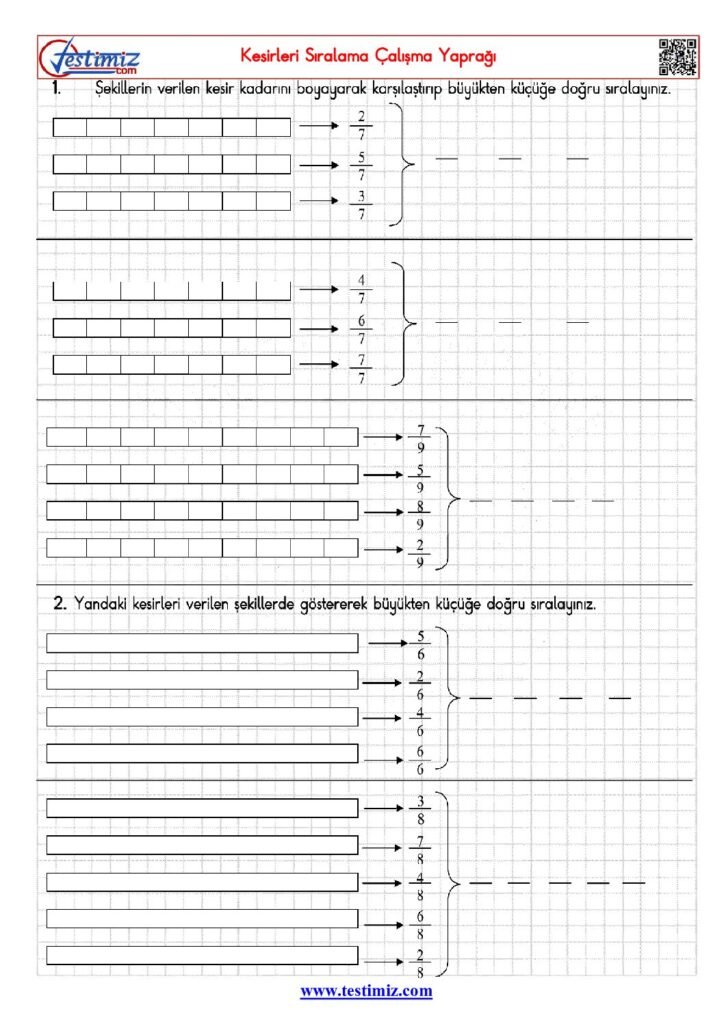 4. Sınıf Kesirleri Sıralama Çalışma Yaprağı PDF