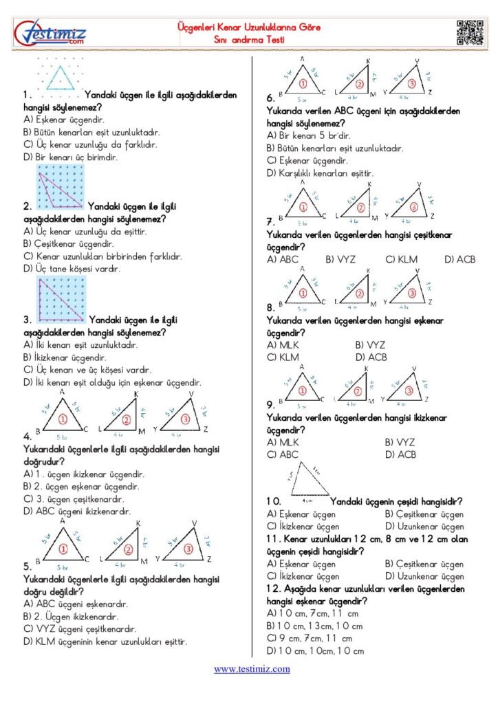 4. Sınıf Üçgenleri Kenar Uzunluklarına Göre Sınıflandırma Testi PDF