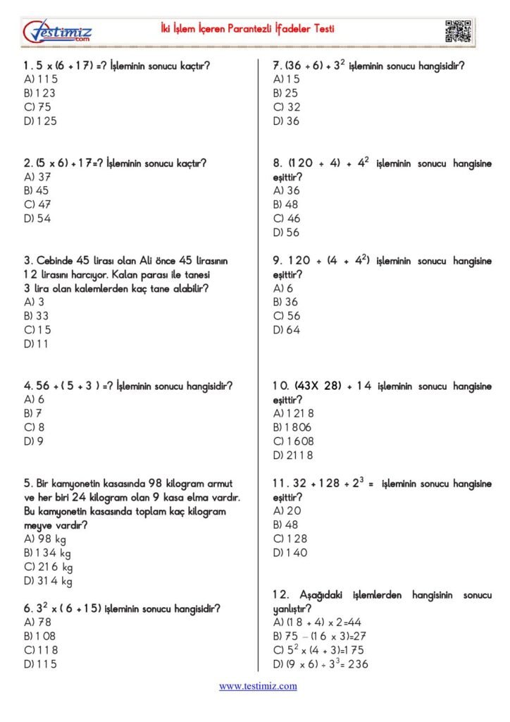 5. Sınıf Matematik İki İşlem İçeren Parantezli İfadeler Testi PDF