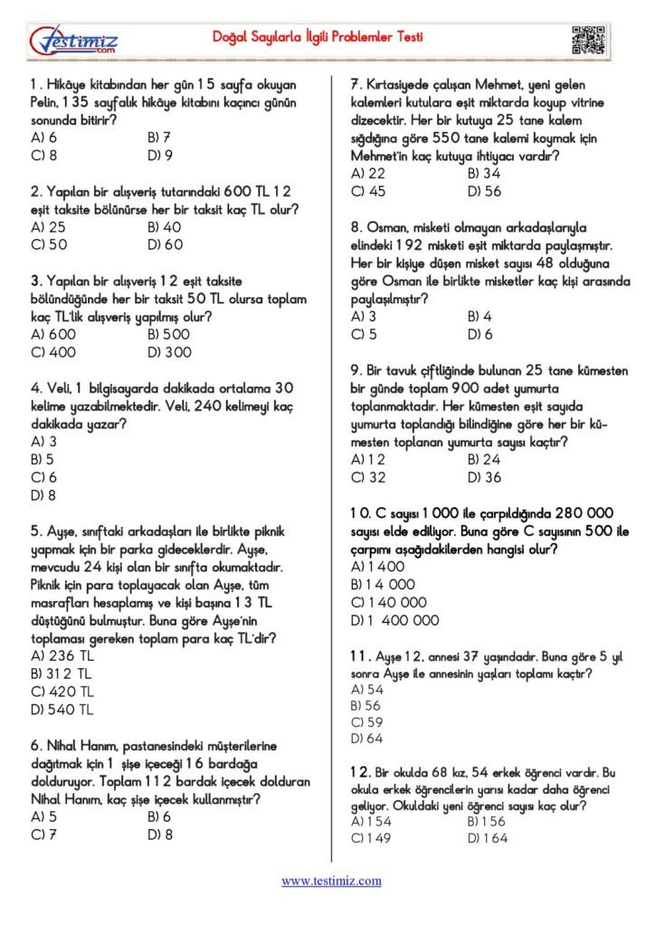 5. Sınıf Matematik Doğal Sayılarla İlgili Problemler Testi PDF