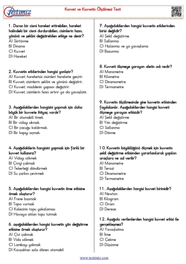 5. Sınıf Kuvvet ve Kuvvetin Ölçülmesi Testi PDF