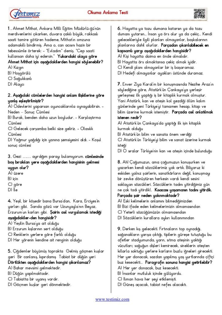 5. Sınıf Okuma Anlama Testi PDF