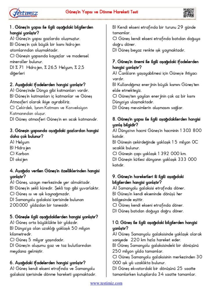 5. Sınıf Güneş’in Yapısı ve Dönme Hareketi Testi PDF