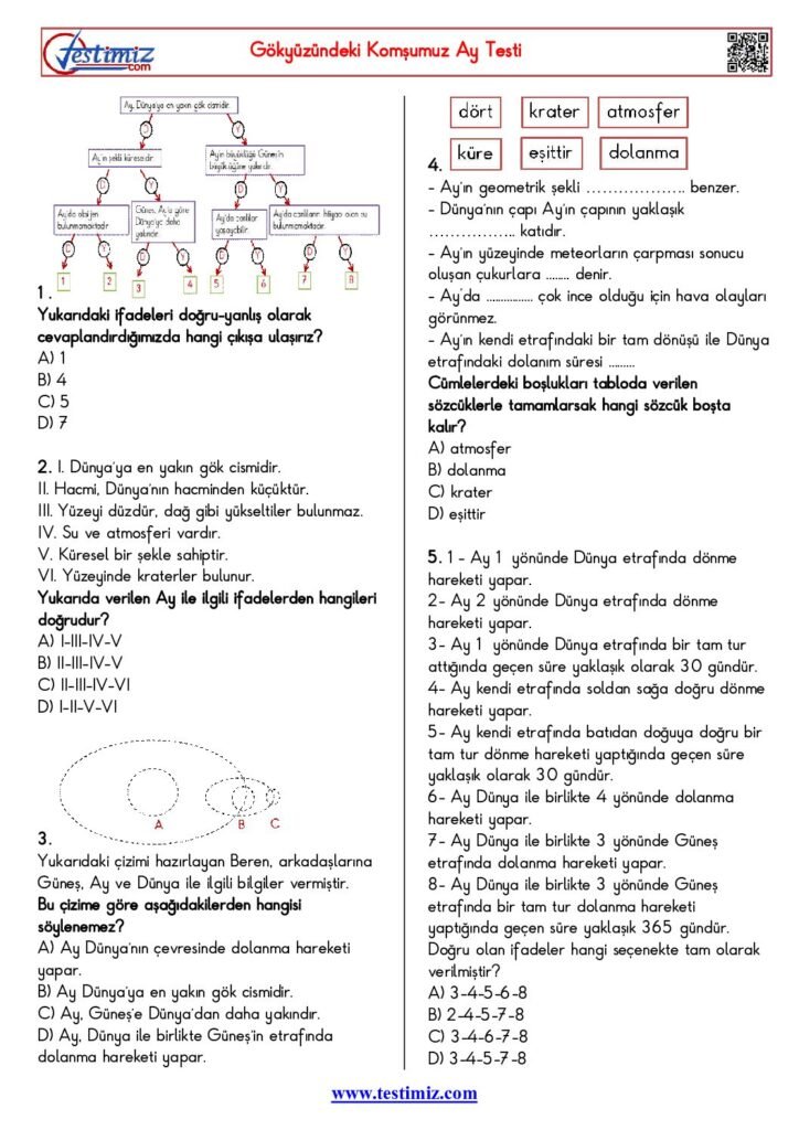 5. Sınıf Gökyüzündeki Komşumuz Ay Testi PDF