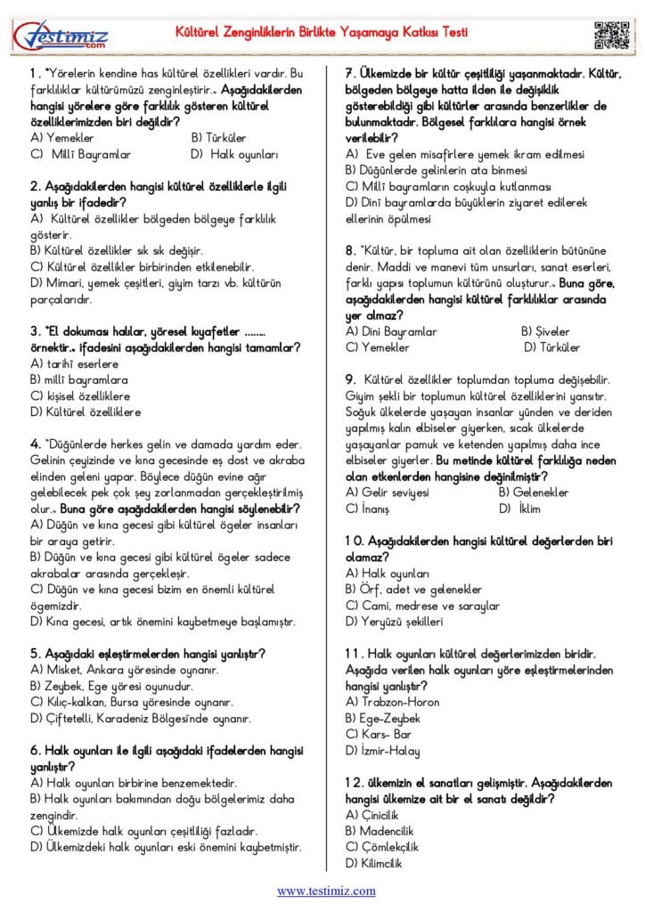 5. Sınıf Kültürel Zenginliklerin Birlikte Yaşamaya Katkısı Testi PDF