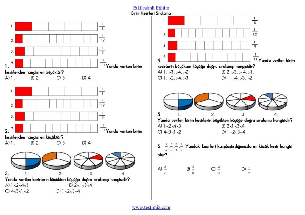 5. Sınıf Birim Kesirleri Sıralama Testi PDF