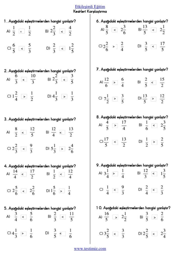 5. Sınıf Kesirleri Karşılaştırma Testi PDF