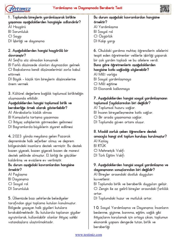 5. Sınıf Yardımlaşma ve Dayanışmada Beraberiz Testi PDF