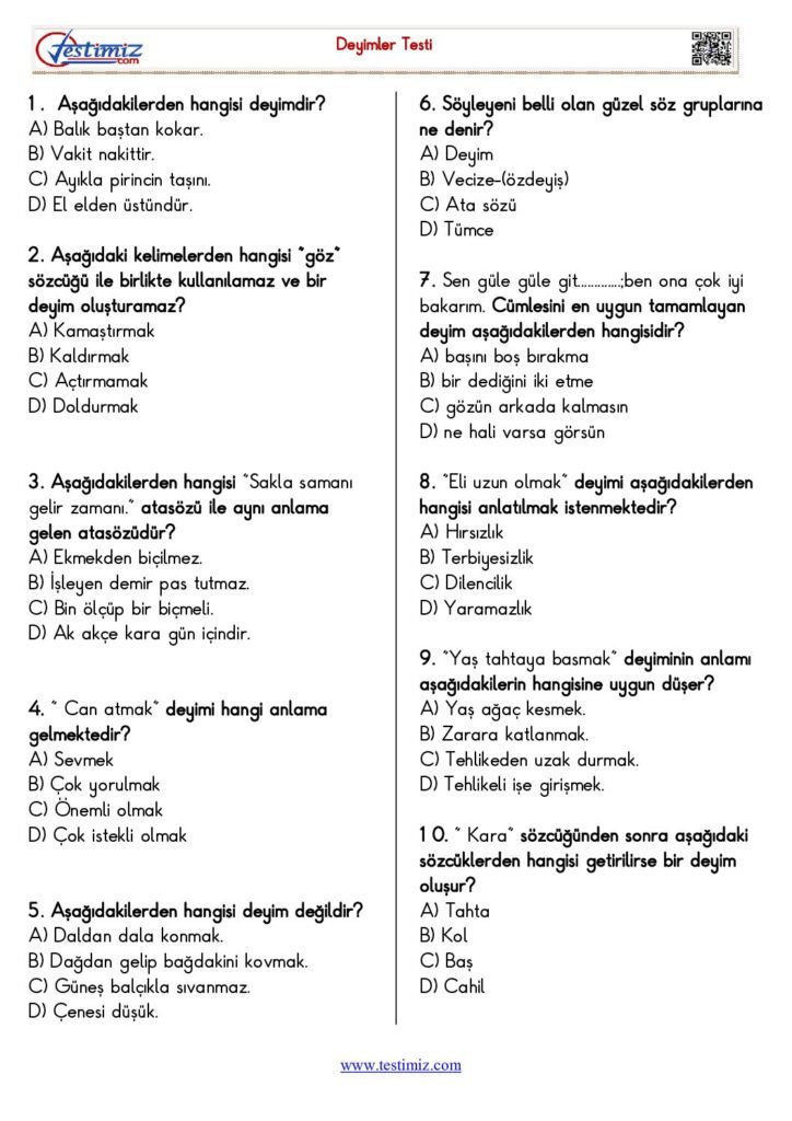 5. Sınıf Deyimler Testi PDF