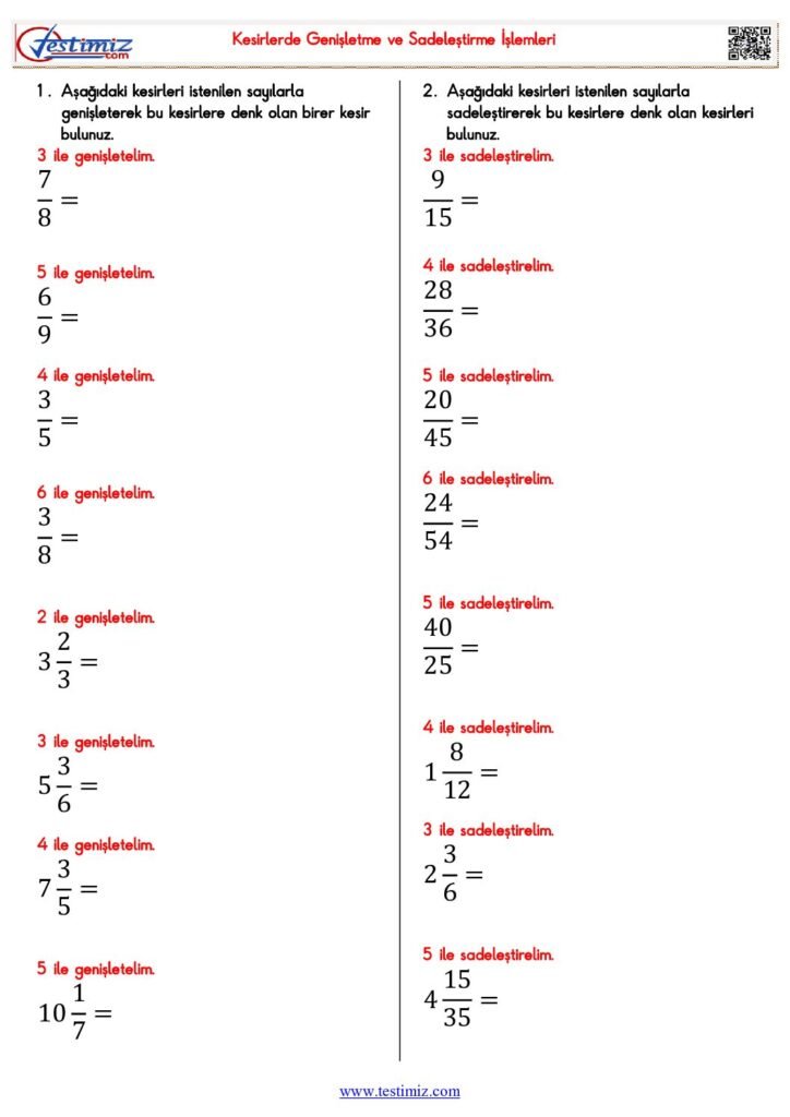 5. Sınıf Kesirlerde Genişletme ve Sadeleştirme İşlemleri Çalışma PDF