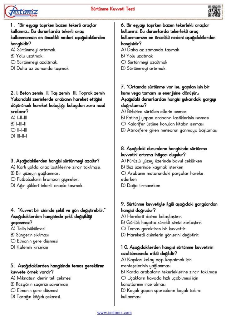 5. Sınıf Sürtünme Kuvveti Testi PDF