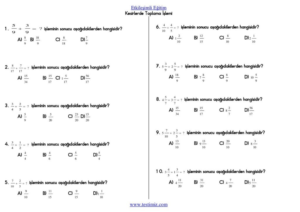 5. Sınıf Kesirlerde Toplama İşlemi Testi PDF