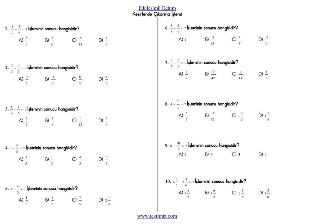 5. Sınıf Kesirlerde Çıkarma İşlemi Testi PDF