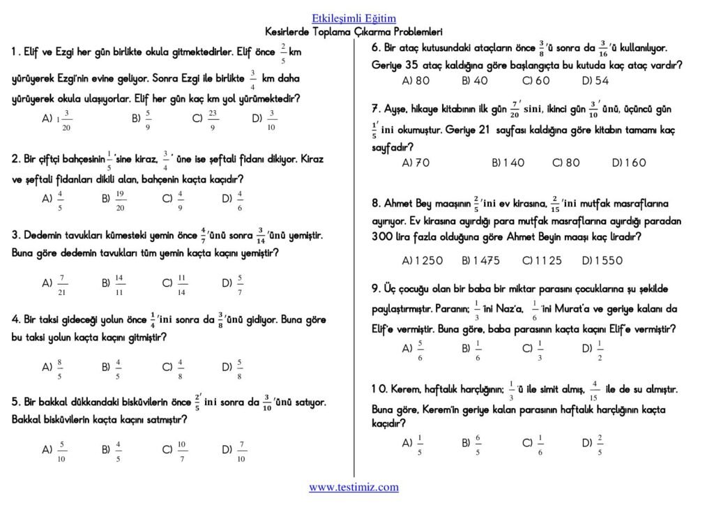 5. Sınıf Kesirlerde Toplama ve Çıkarma Problemleri Testi PDF