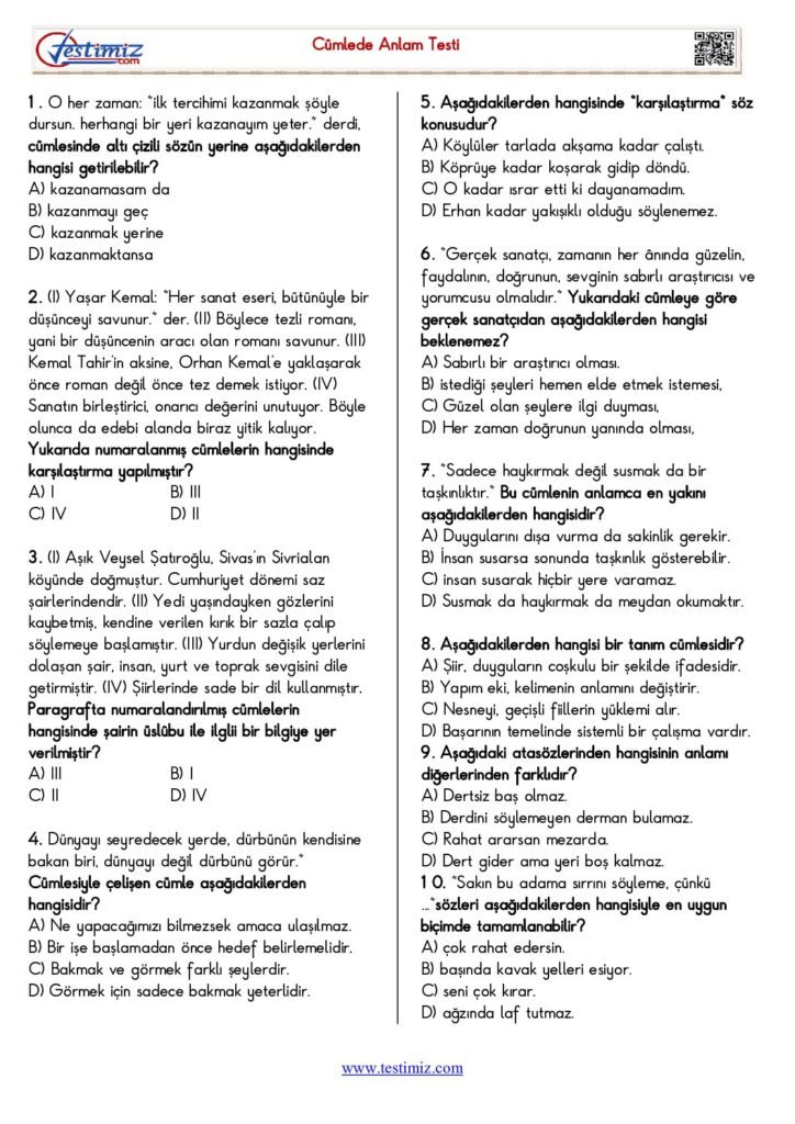 5. Sınıf Cümlede Anlam Testi PDF