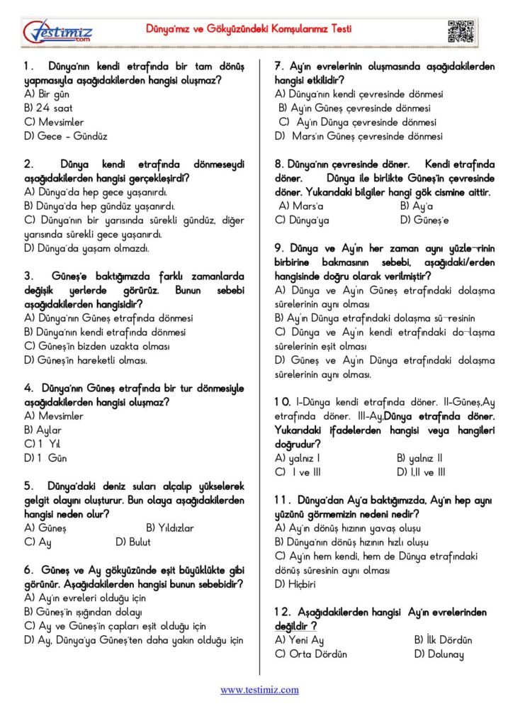 5. Sınıf Dünya’mız ve Gökyüzündeki Komşularımız Testi PDF