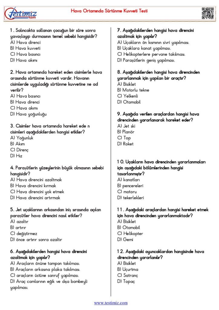 5. Sınıf Hava Ortamında Sürtünme Kuvveti Testi PDF