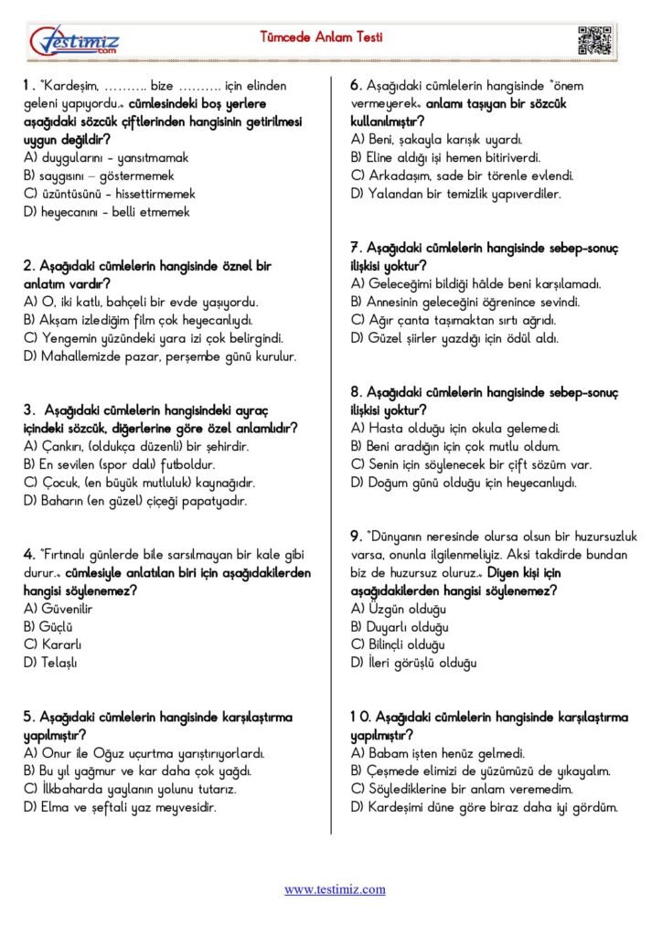 5. Sınıf Cümlede Anlam Testi PDF ve Cevaplı