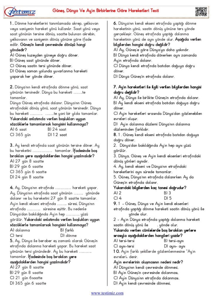 5. Sınıf Güneş-Dünya ve Ay’ın Birbirlerine Göre Hareketleri Testi PDF