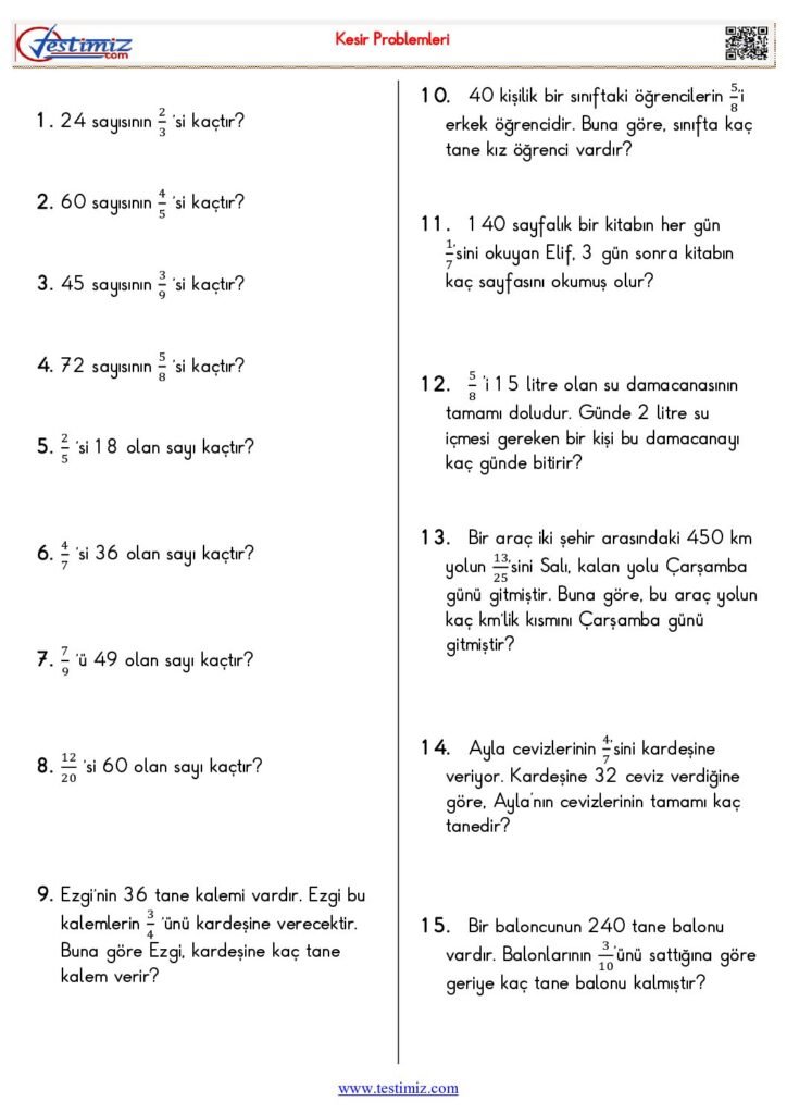 5. Sınıf Kesir Problemleri Çalışma PDF