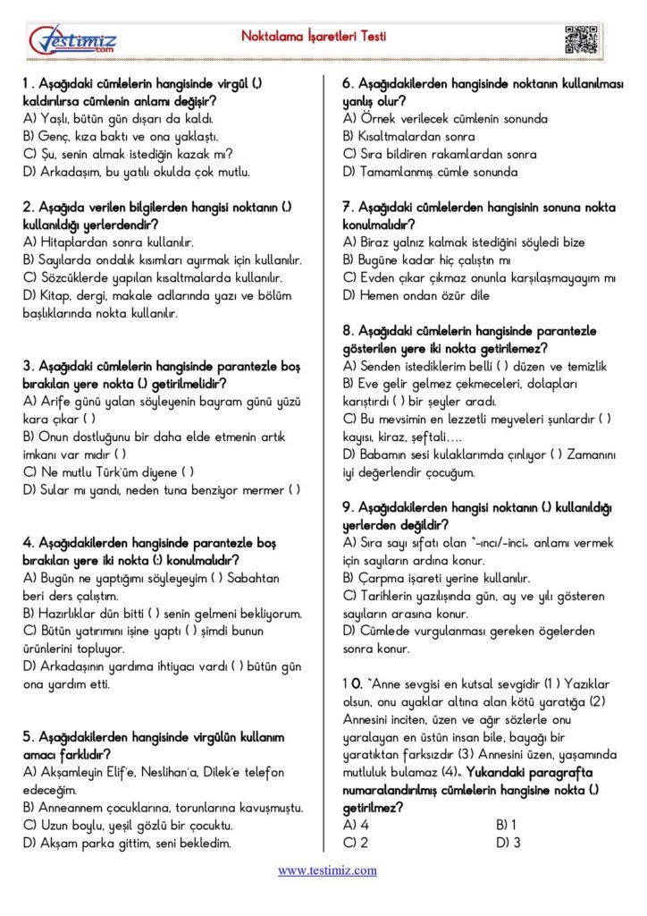 5. Sınıf Noktalama İşaretleri Testi PDF