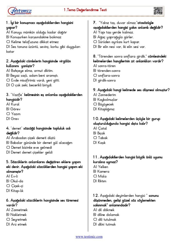 5. Sınıf Türkçe 1.Tema Değerlendirme Testi PDF