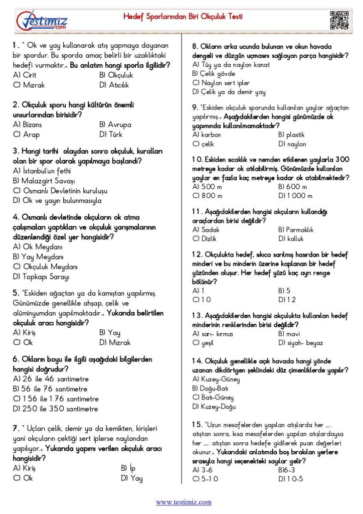 4. Sınıf Türkçe Hedef Sporlarından Biri Okçuluk Metin ve Test Çalışması