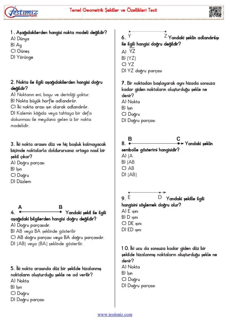 5. Sınıf Temel Geometrik Şekiller ve Özellikleri Testi PDF