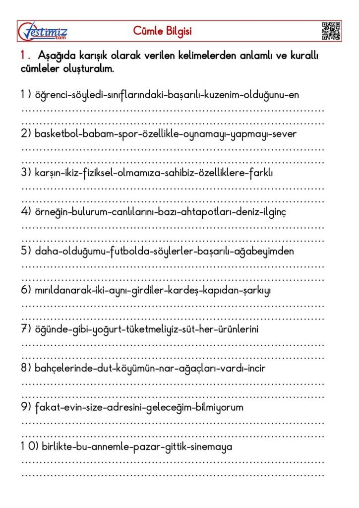 4. Sınıf Türkçe Cümle Bilgisi Çalışması PDF