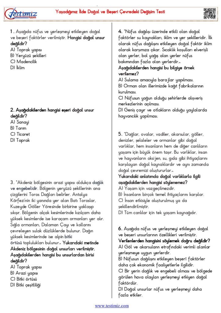 5. Sınıf Yaşadığımız İlde Doğal ve Beşeri Çevredeki Değişim Testi PDF