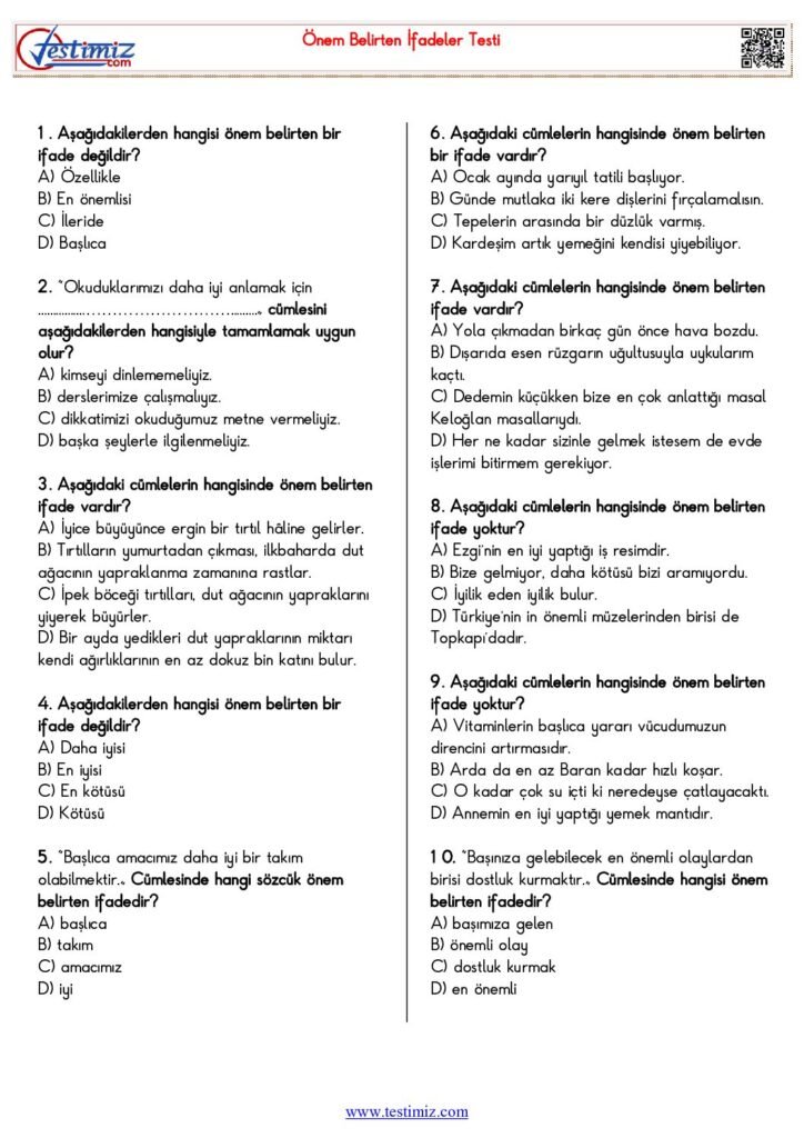 5. Sınıf Önem Belirten İfadeler Testi PDF