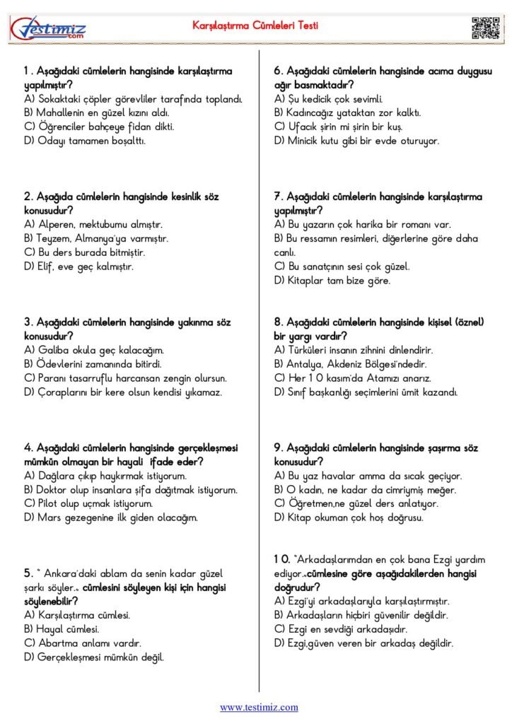 5. Sınıf Türkçe Karşılaştırma Cümleleri Testi PDF